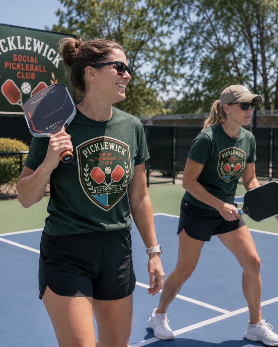 Two players on the court wearing the Sundink Court Tee, paddles in hand